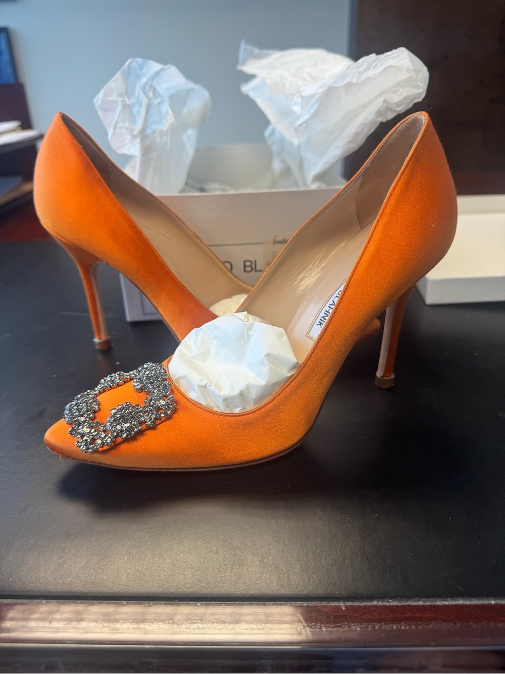 Manolo Blahnik Orange Satin Crystal-Embellished Pumps - Picture 3 of 5